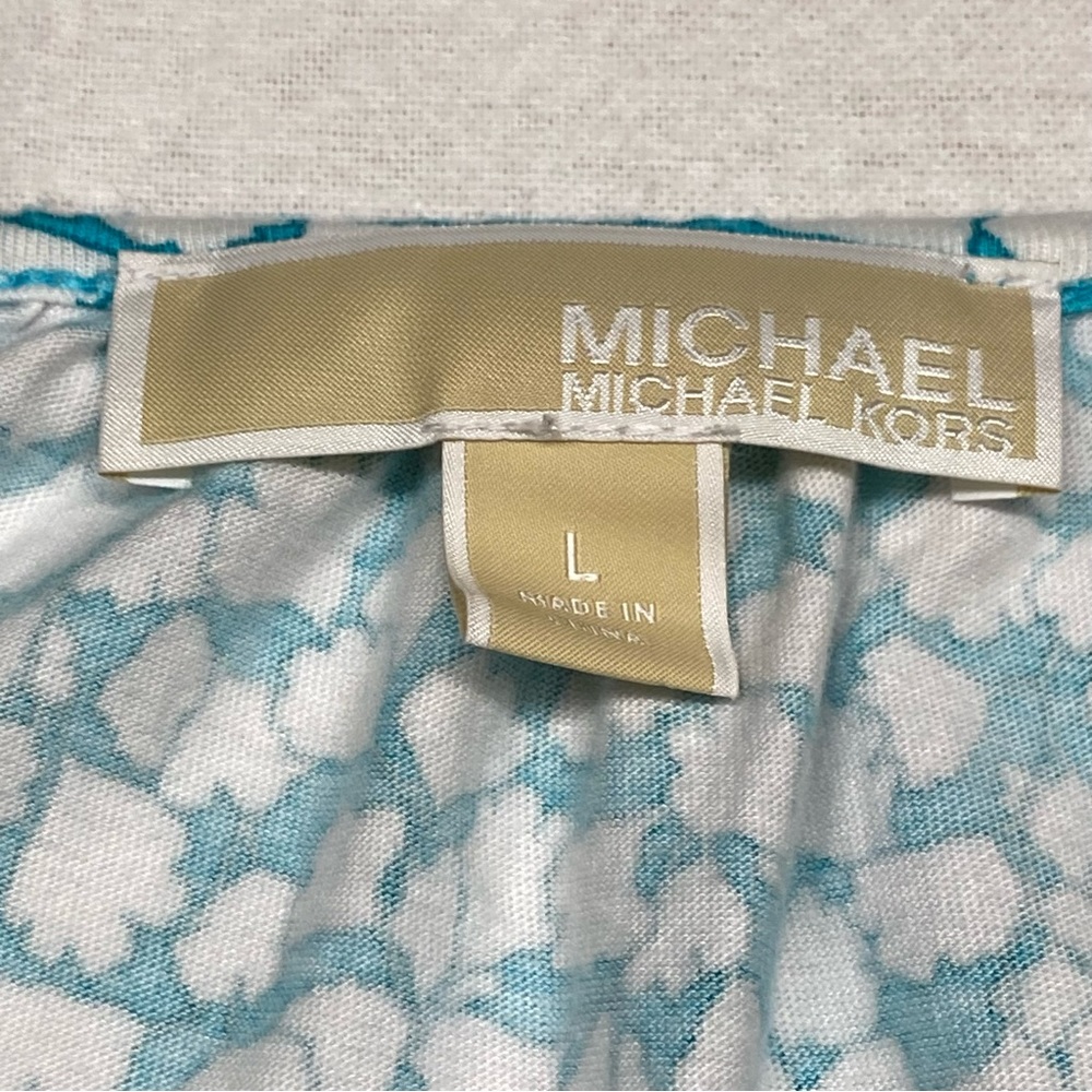 Michael Michael Kors Scoop Neck Pullover Size L 3/4 Bell sleeves Turquoise White - Picture 3 of 13